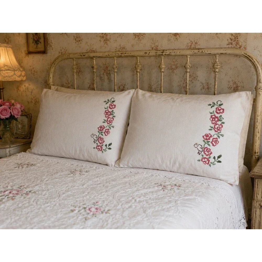Vintage Cannon Muslin Pillowcases Pair Rose Bird Applique USA Cotton Set 2